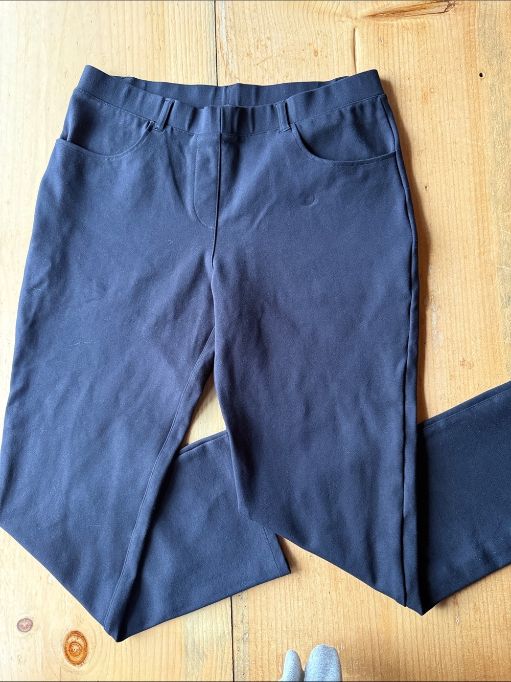 Quince Petite Navy Ponte Knit Straight Leg Pants Size L Stretch 4-Pocket Trouser